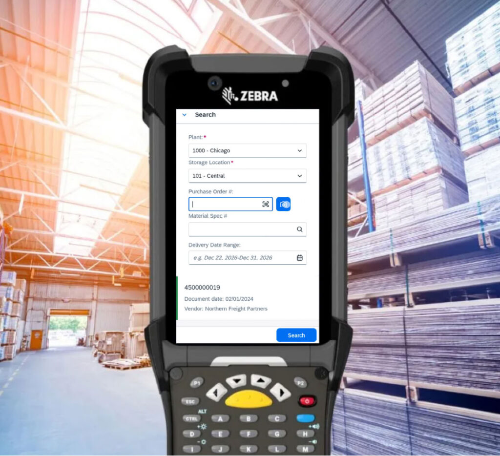 Zebra rugged handheld scanner running the Havensight Inventory One mobile app showing a streamlined SAP purchase order search interface in a warehouse setting.