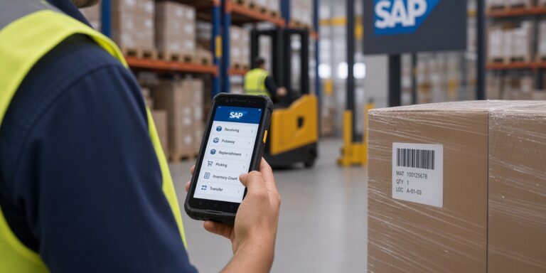 Warehouse worker using a handheld SAP menu beside a labeled carton