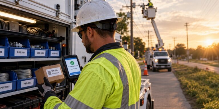 Utility technician confirming a meter issue from truck stock