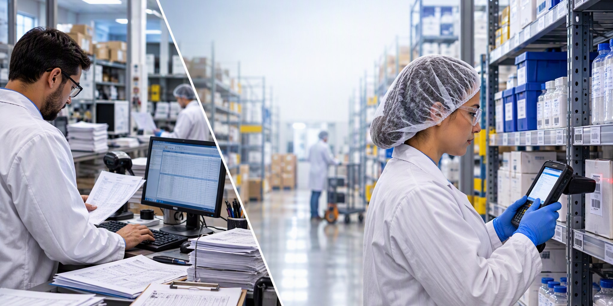 Warehouse associate scanning inventory in a regulated aisle beside a desktop paperwork station