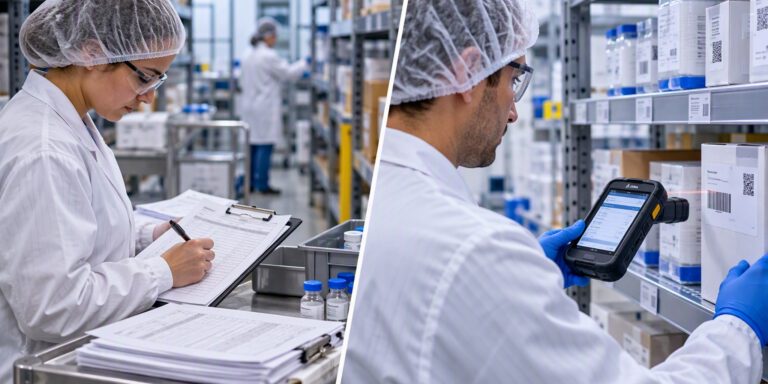 Life sciences associate scanning a labeled tote in a clean warehouse aisle
