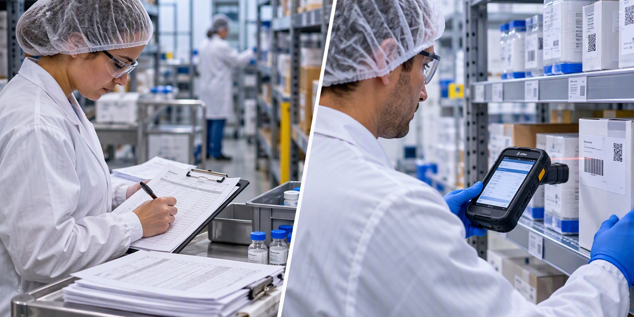 Life sciences associate scanning a labeled tote in a clean warehouse aisle