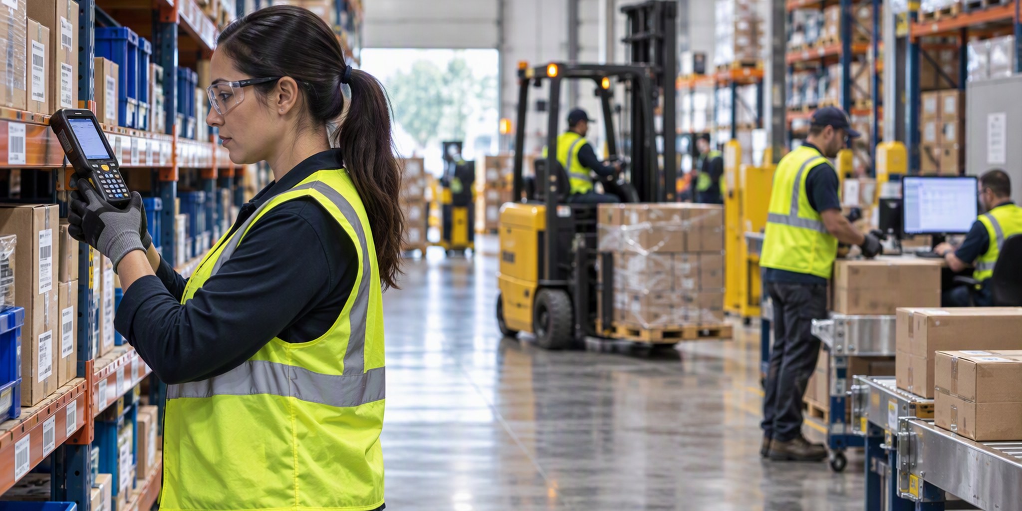 Split view of a desktop SAP workstation and a warehouse associate scanning material in the aisle