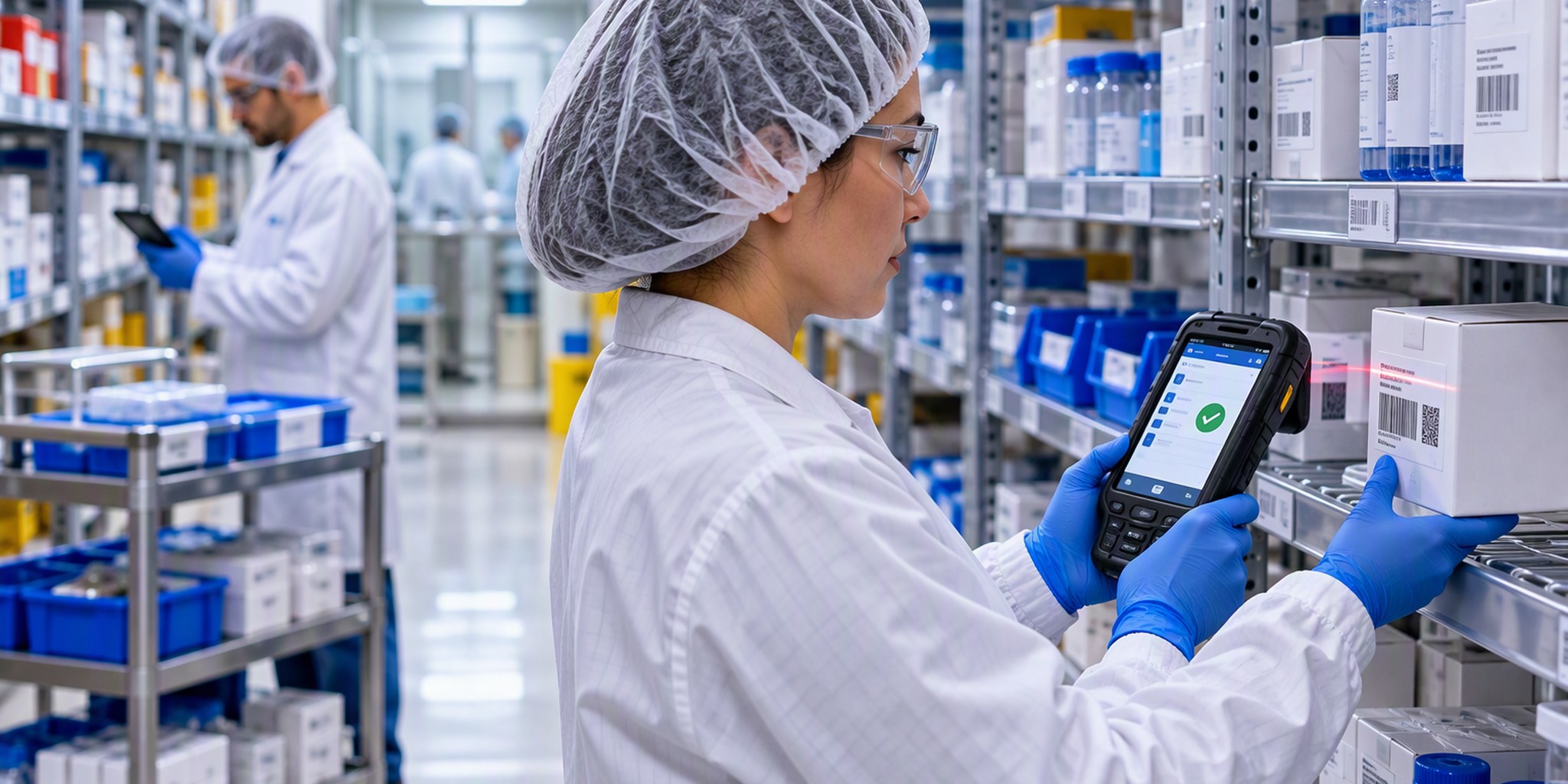 Gowned life sciences associate scanning a container in a clean warehouse aisle