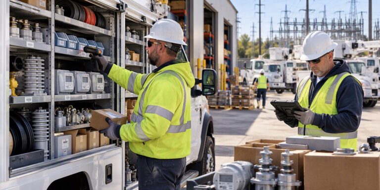 Utility crew scanning materials in an open truck bin at a substation