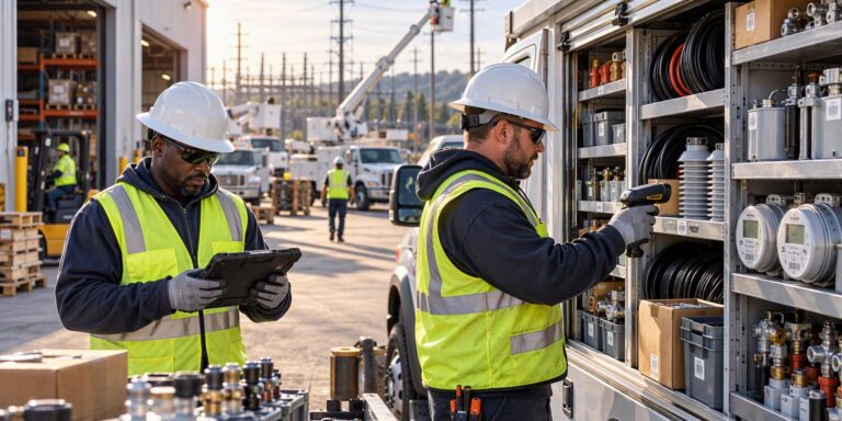 Utility technicians reviewing materials beside a service truck and substation