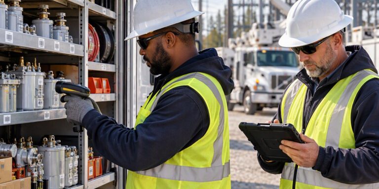 Two utility crew members scanning truck stock in front of a substation