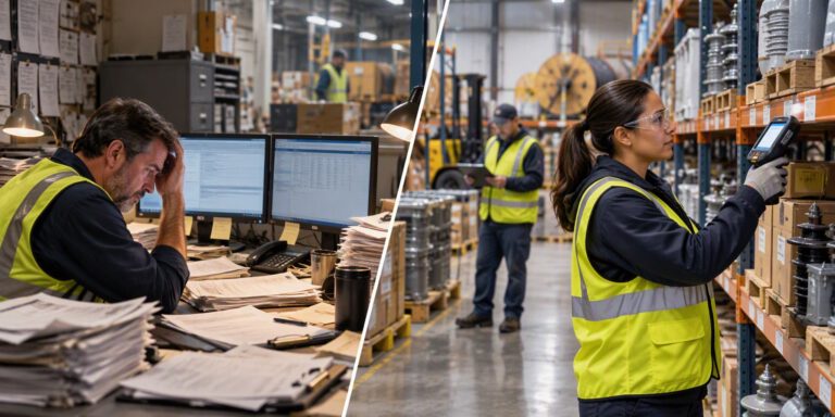 Utility warehouse desk piled with paper next to an associate scanning materials in the aisle