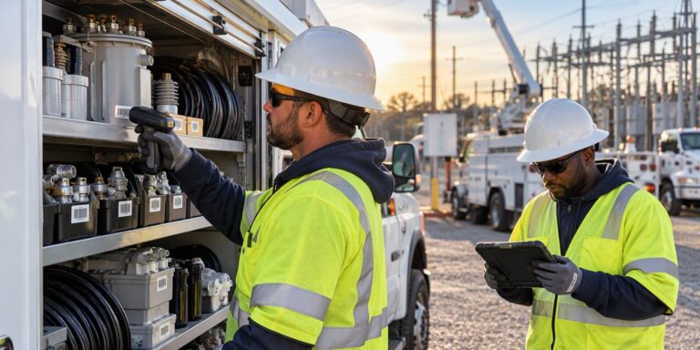 Utility crew scanning parts in a truck bin at sunset beside a substation