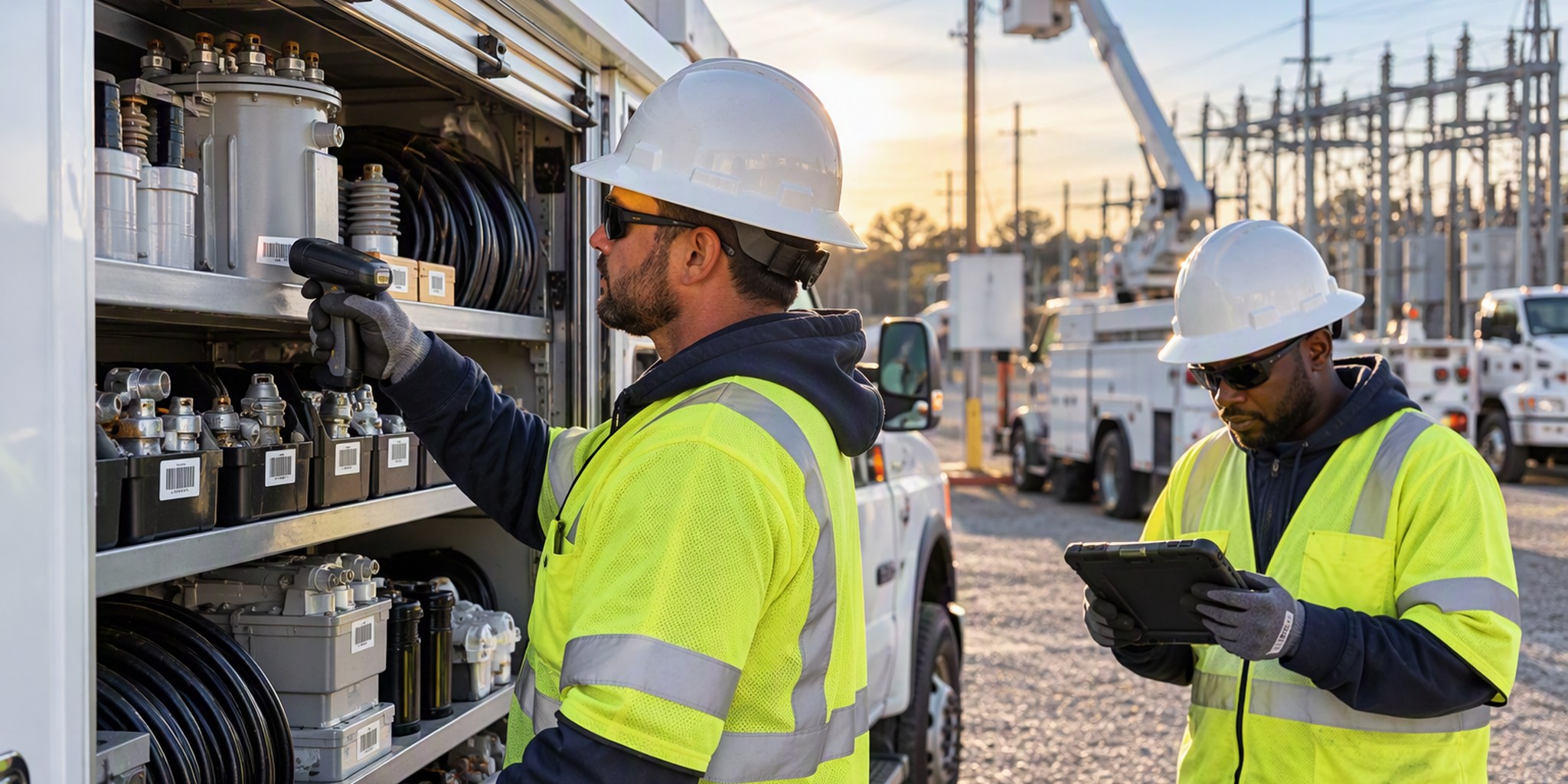 Utility crew scanning parts in a truck bin at sunset beside a substation