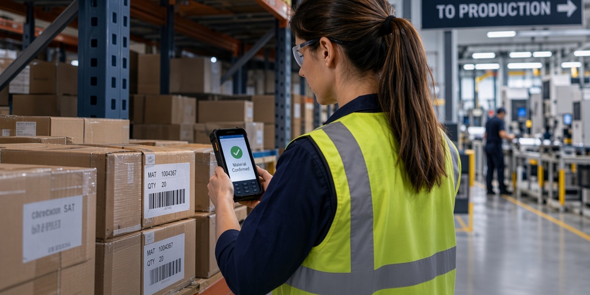 Warehouse associate scanning a confirmed material in a manufacturing aisle