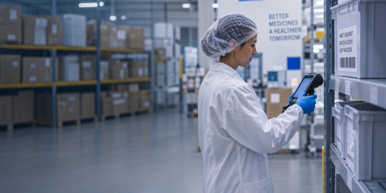 Life sciences warehouse worker scanning a labeled tote