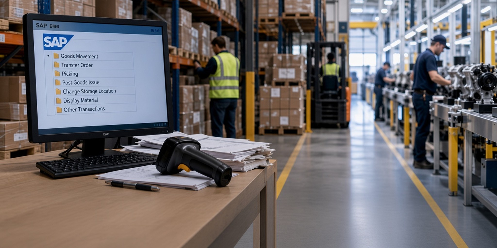 Manufacturing aisle with paper pick lists and a scanner on the warehouse desk