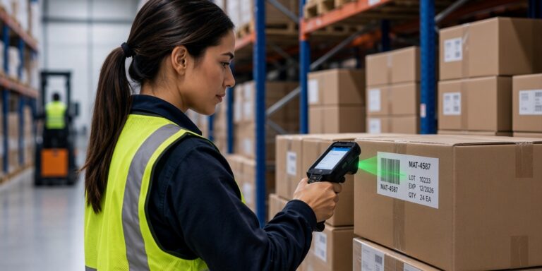 Warehouse worker scanning a pallet label with guided inventory checks
