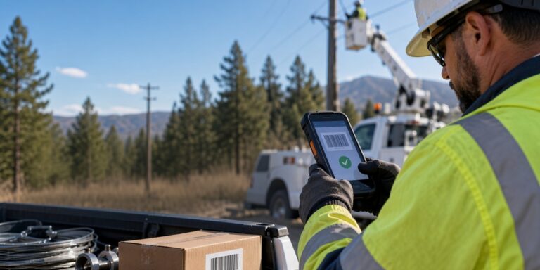 Utility lineman scanning material at a truck before a job site