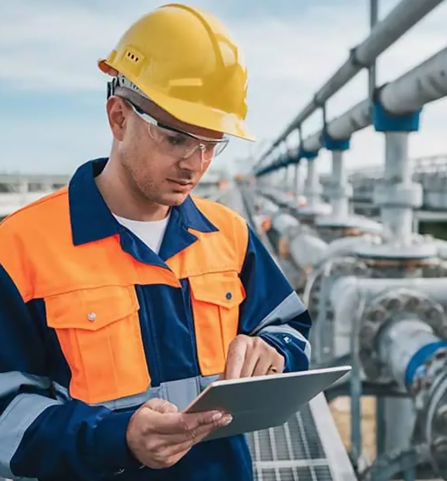 Utility technician checking a tablet beside an outdoor pipeline