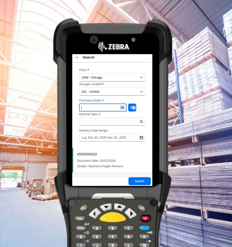 Zebra handheld running an H1 inventory search for a utility storeroom