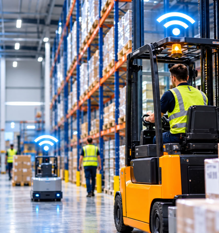 Forklift operator moving inventory in a utility distribution center
