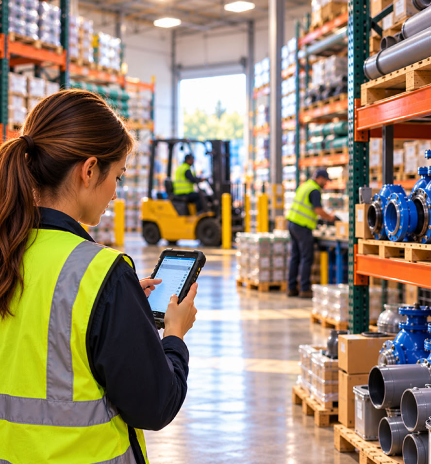 Warehouse specialist reviewing utility inventory on a tablet beside fittings and parts
